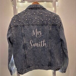 Personalized White-Script Denim Jacket with Pearl Embellishment